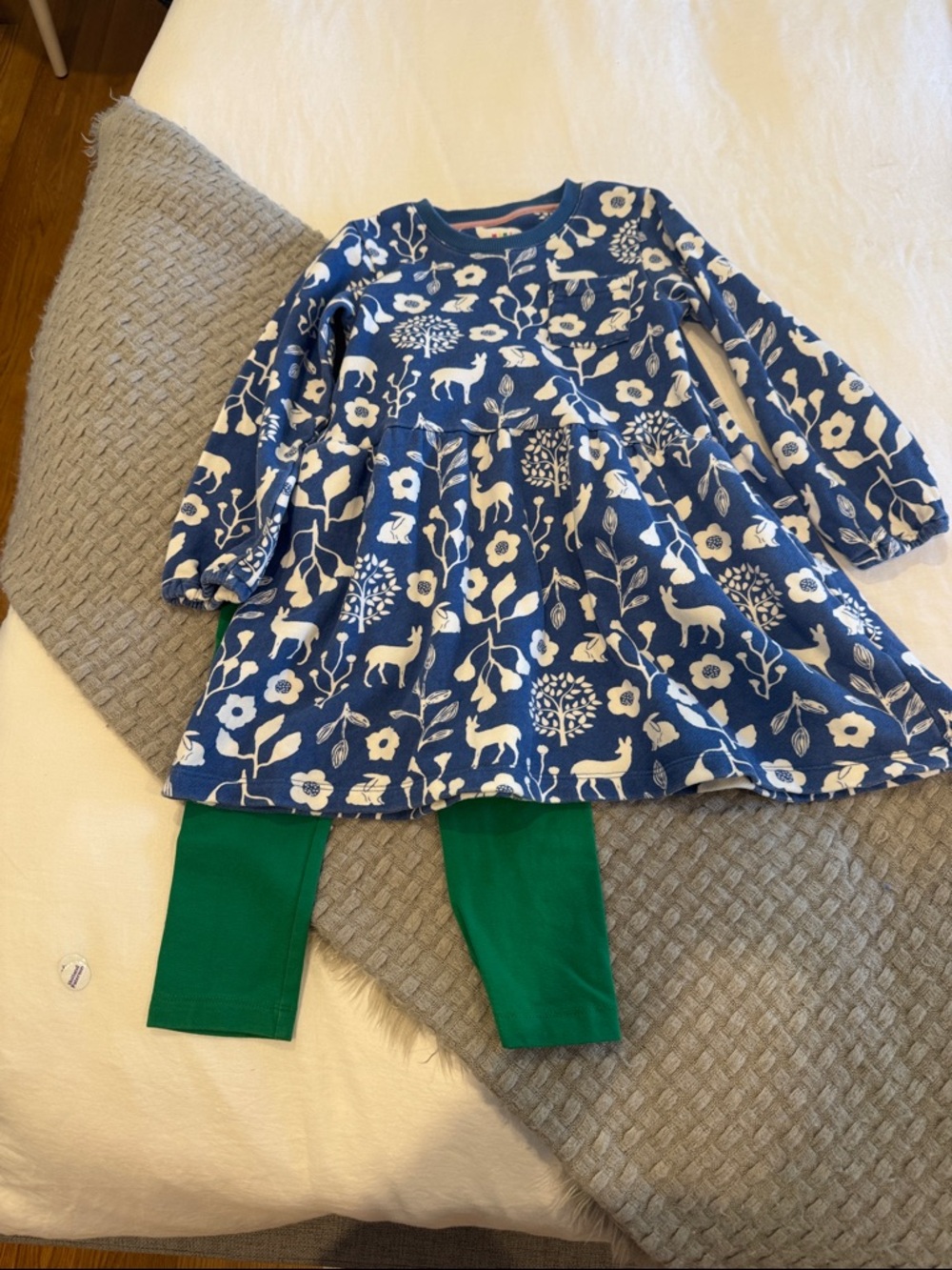 Mini Boden Blue Floral Deer Dress with Green Leggings